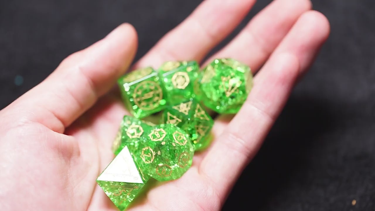 Load video: Celestial Palace · Pact of Renewal · Green Crackle Glass Dice Set