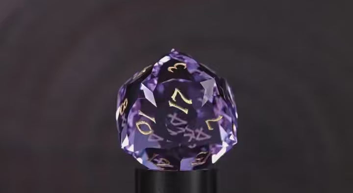 Load video: Lavender Moon symbol Multi-faceted Prism Glass Engraved Dice Set