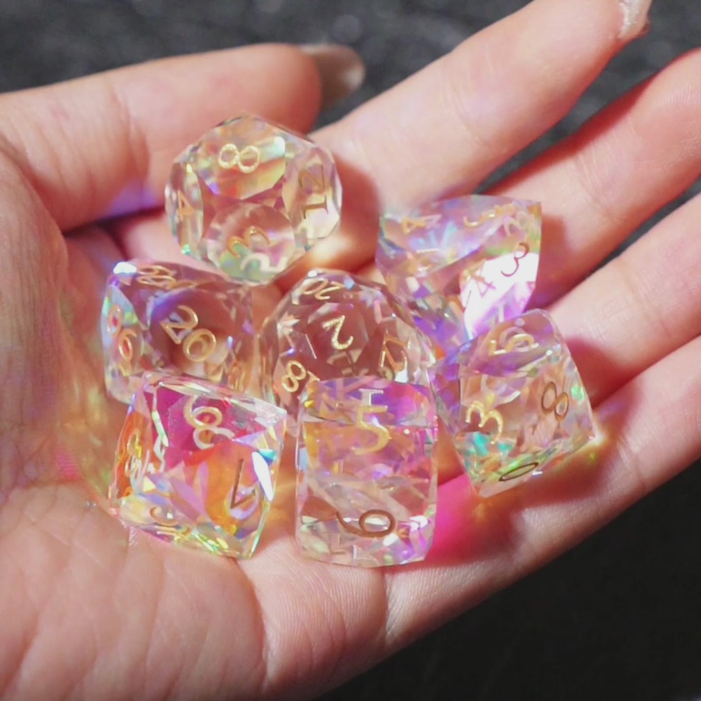 Load video: Multi-faceted Prism Glass Engraved Dice Set