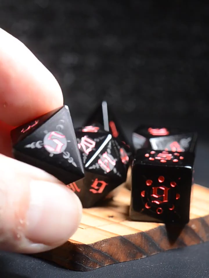 Load video: Moon Magic Sigil Obsidian Engraved Gemstone Dice Set
