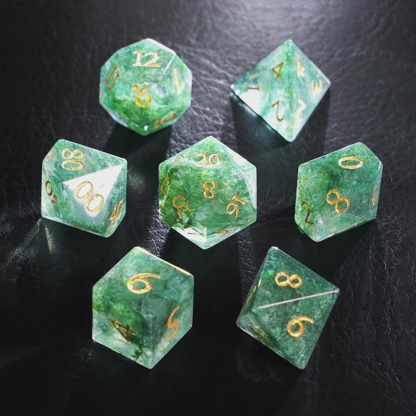 Load video: Bahia Seaweed Agate Dice Engraved Gemstone Dice Set