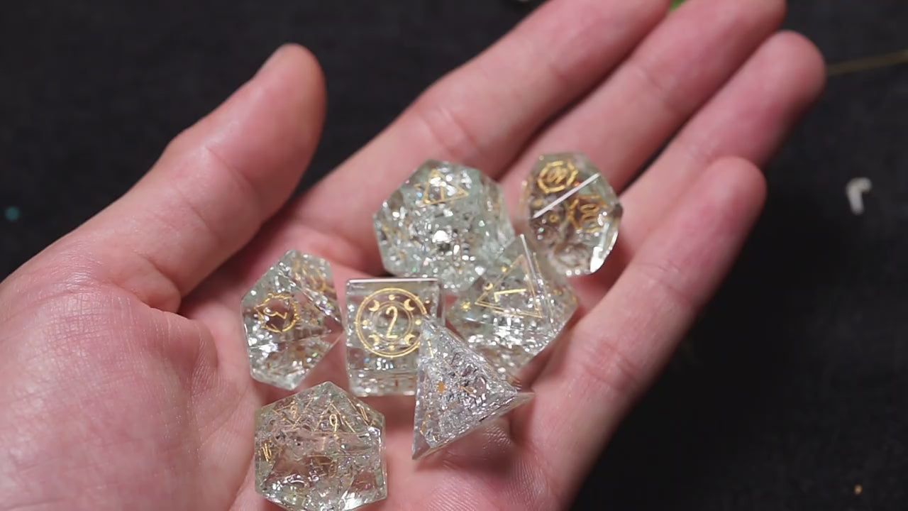 Load video: Celestial Palace · Pact of Harvest · Light Green Crackle Glass Dice Set