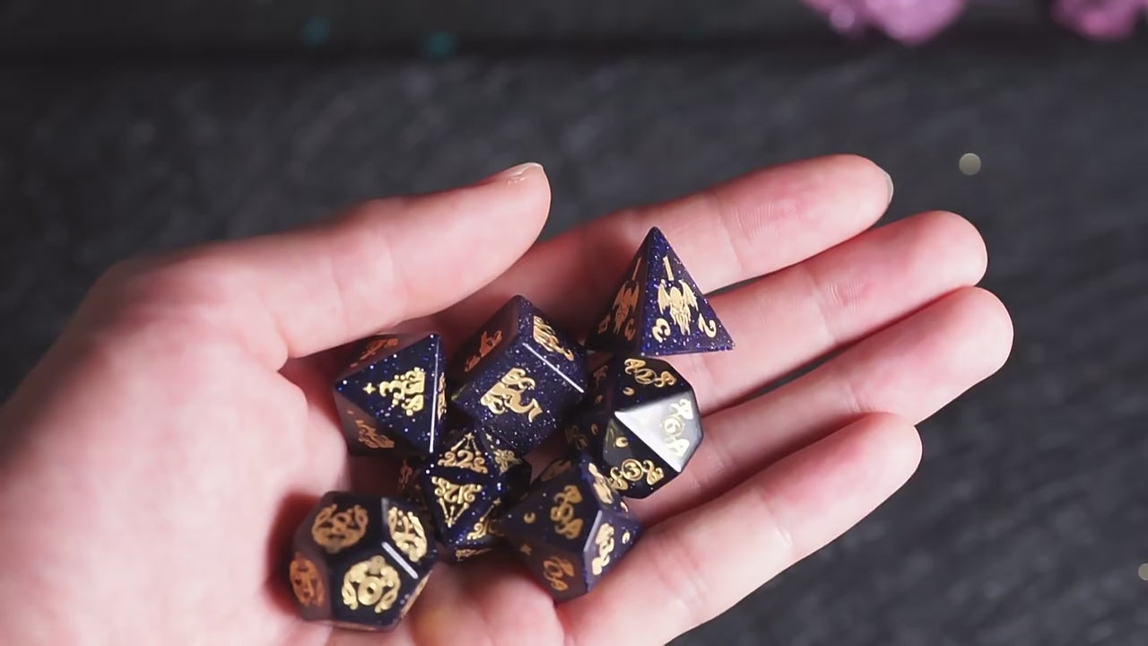 Load video: Star Murmur · Blue Sandstone Engraved Gemstone Dice Set