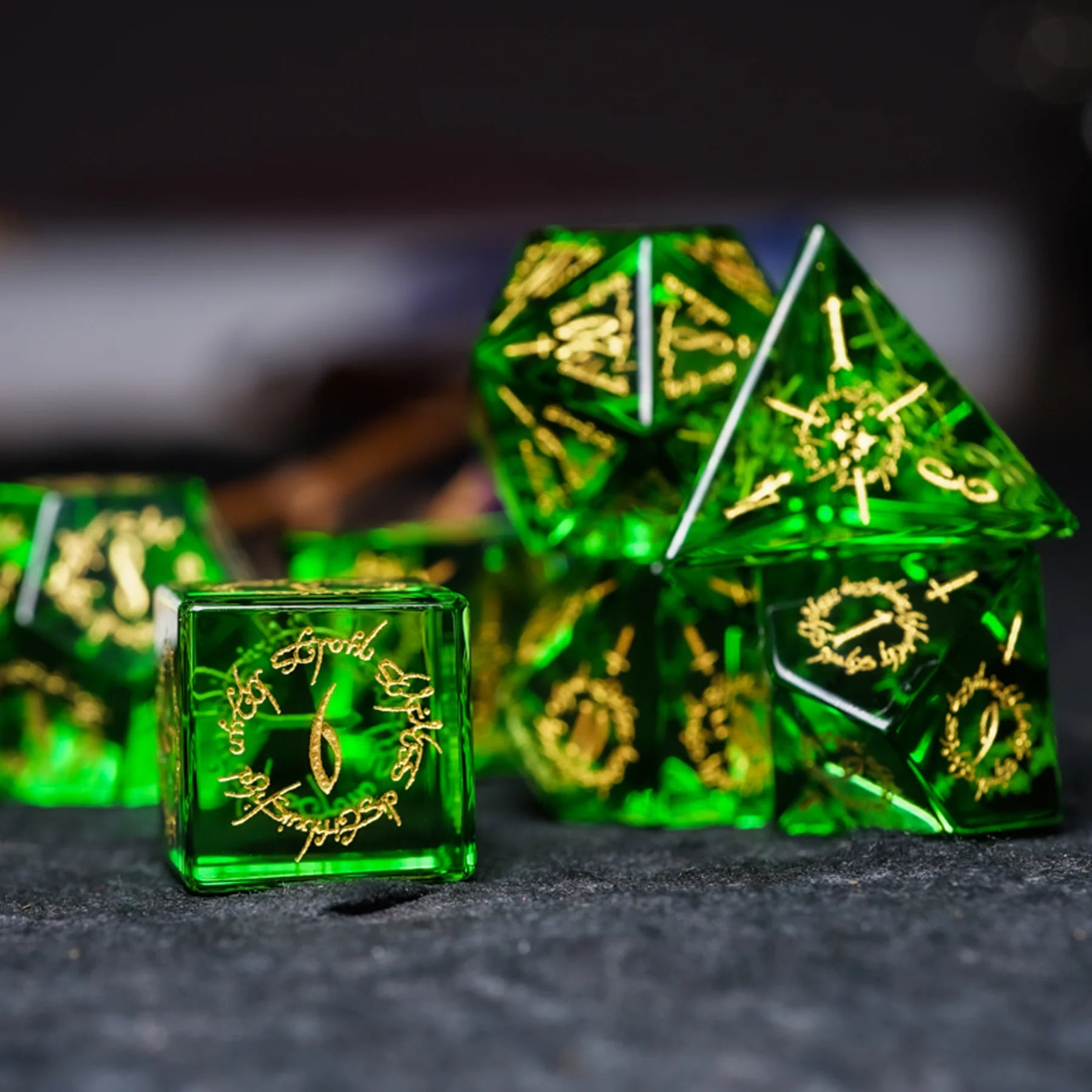 Verdant Trickster · Apple Green Crystal Gemstone Dice Set